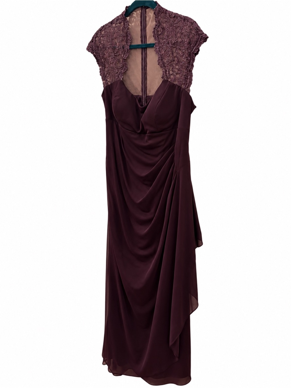 X by Xscape 16W Plum Lace Illusion Ruched Formal Evening Gown Mother of Bride
